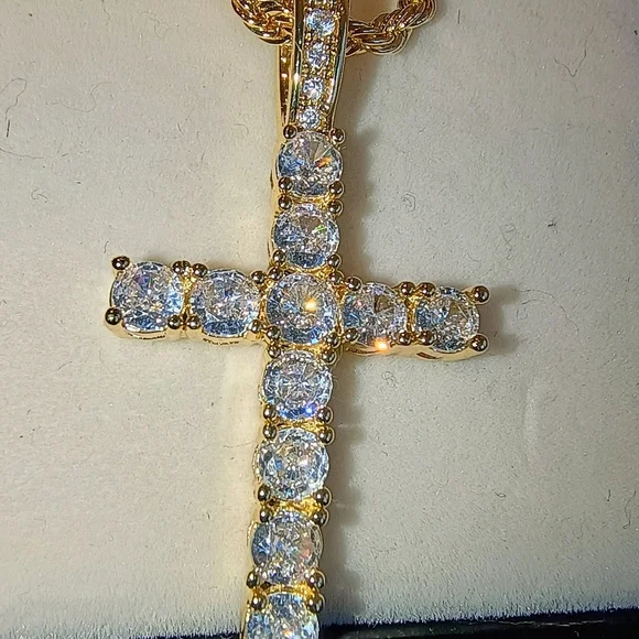 Cubic Zirconia Cross Pendant Necklace Gold Plate Stainless Steel - Picture 7 of 8